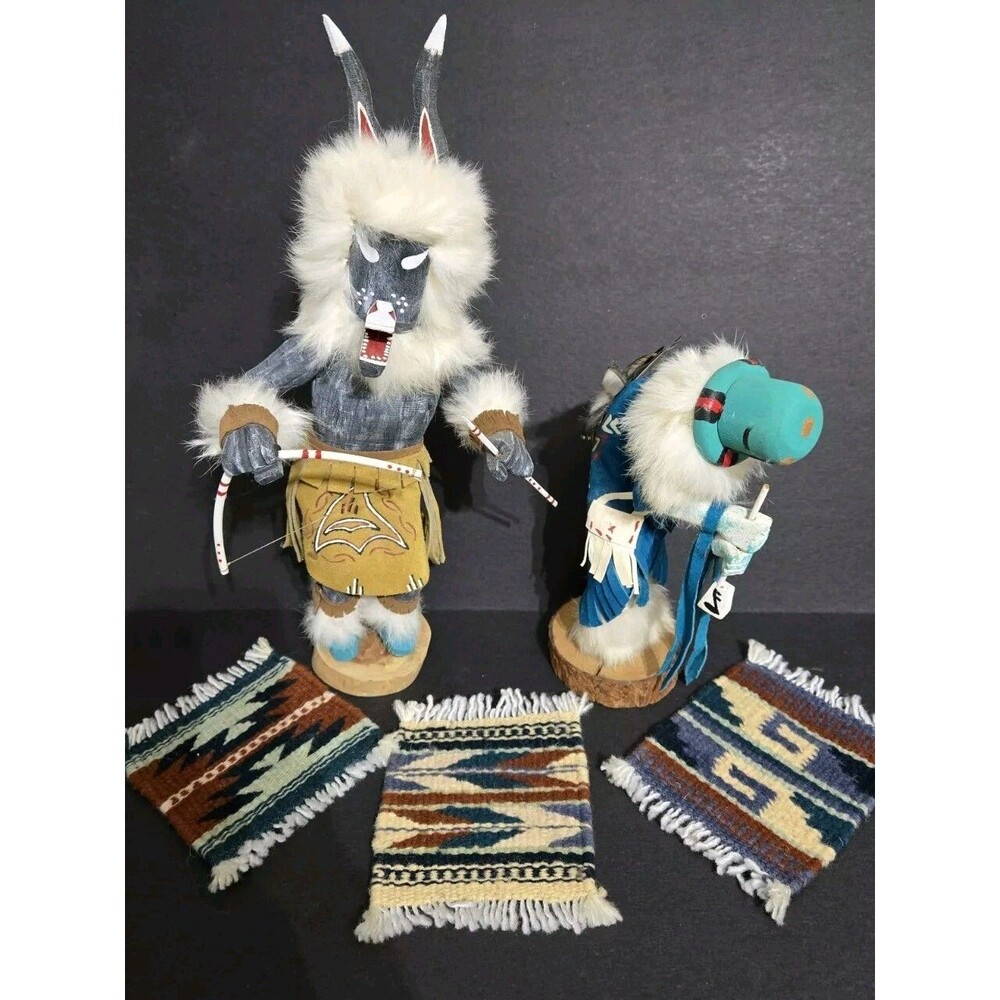 Charley Signed Native American Navajo Kachina Dog & Kokopelli Doll Lot & Weaves